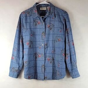LEMON * GRASS Long Sleeve Button Down Floral Denim Shirt Size PL